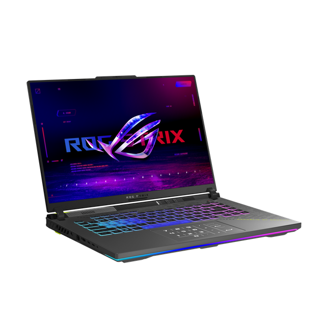 Off center shot of the front of the Strix G16 (G614), with the ROG Fearless Eye logo on screen